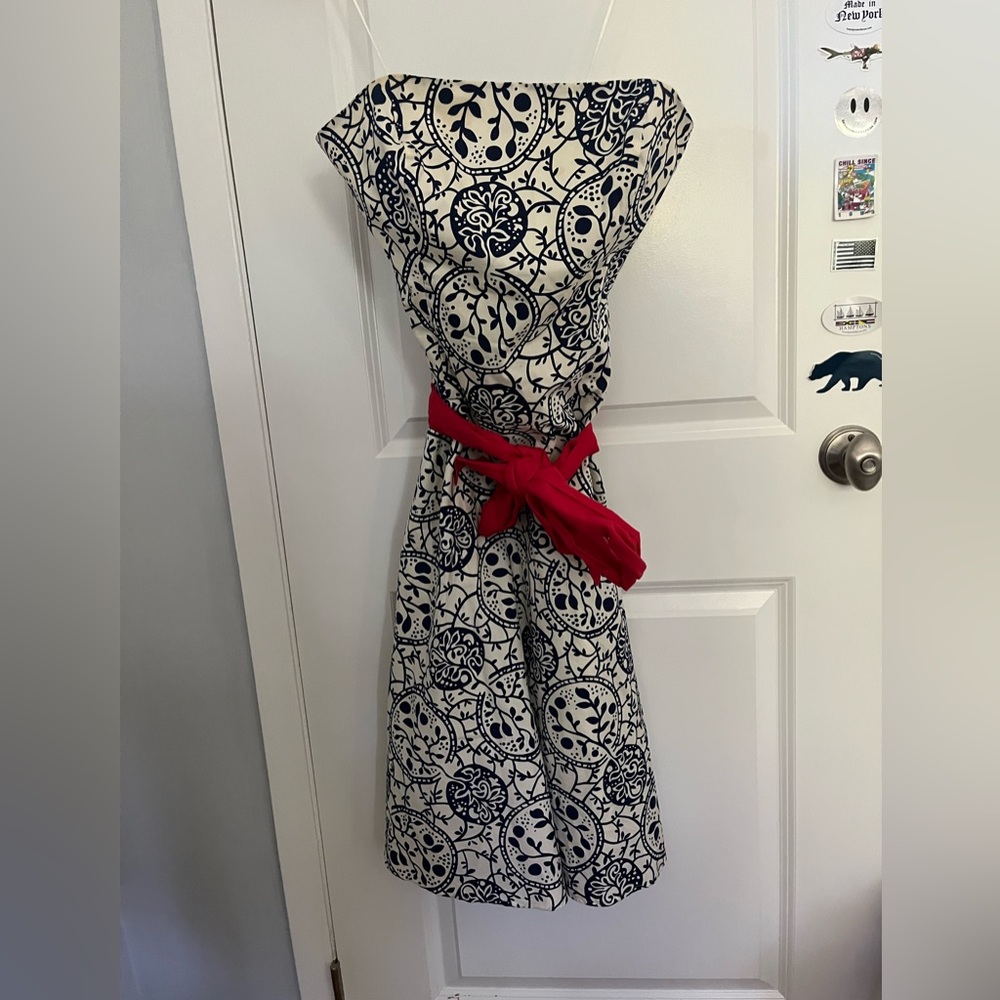Tabitha Black and White Strapless Dress with Red Belt
